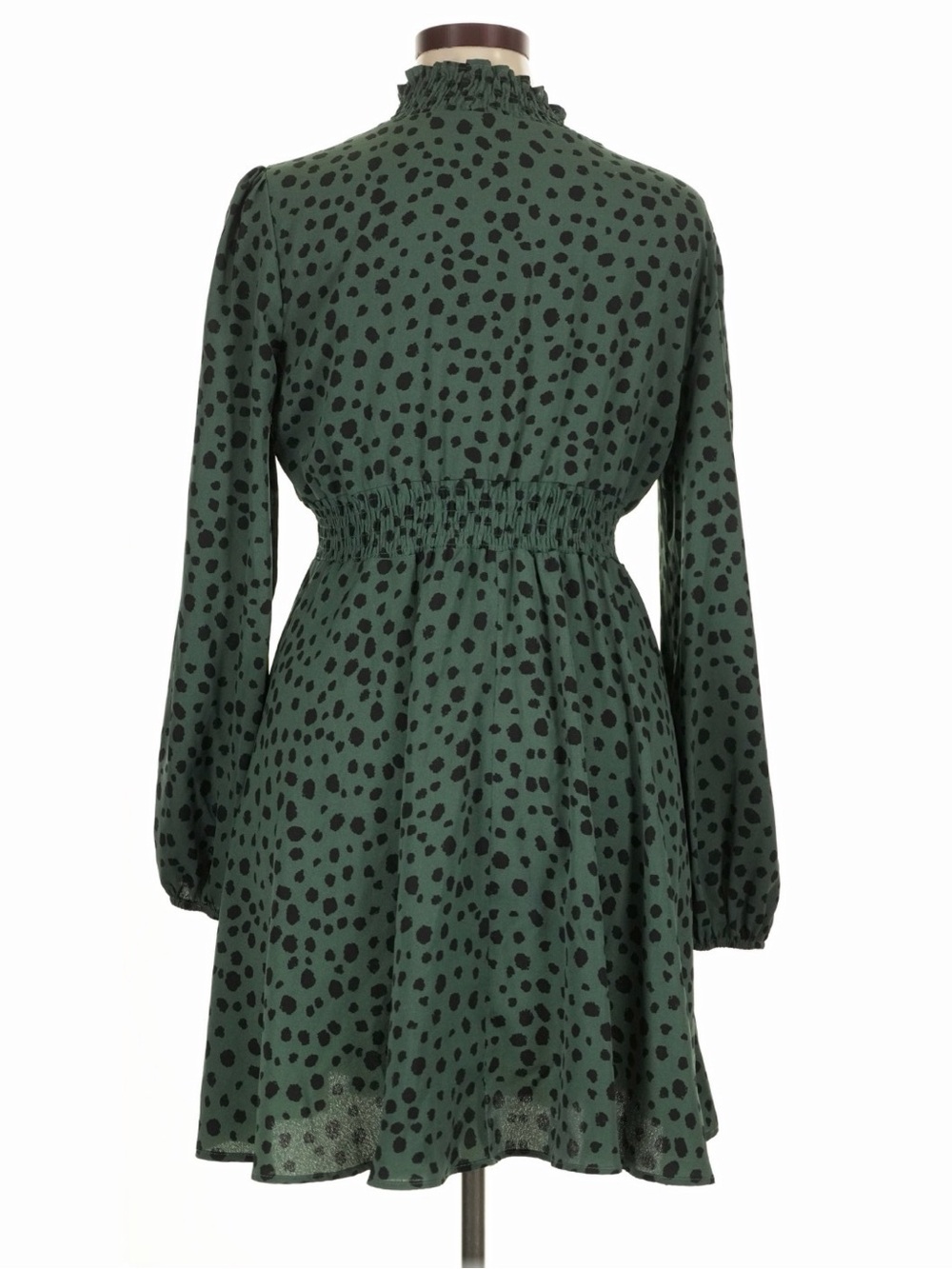 SHEIN Green Long-Sleeve Smocked Waist Polka Dot Dress - Picture 2 of 3